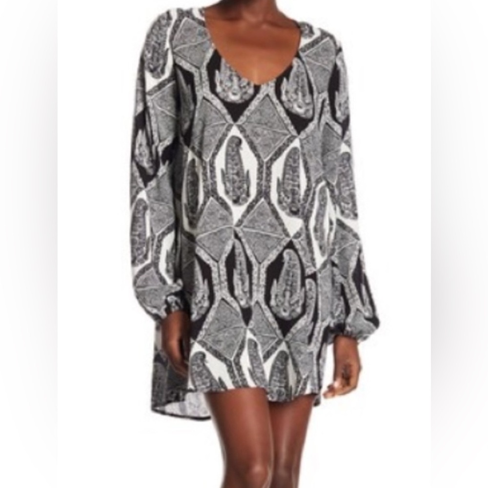 Show Me Your Mumu Long Sleeve Donnie Mini Dress Paisley Black White Size XL